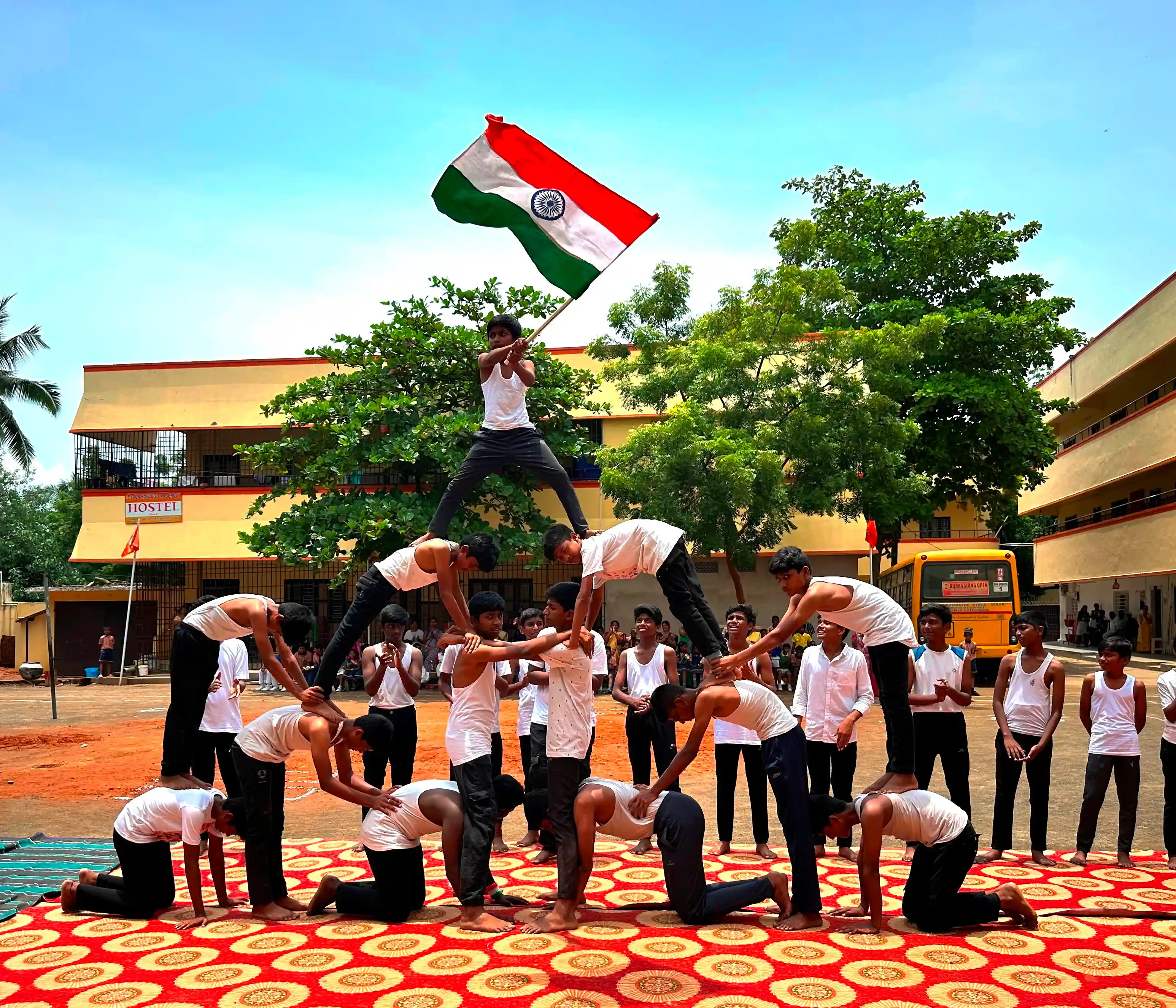 Students performing a coordinated activity on the school campus